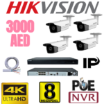 Kits 4Camera Ip 8Mp  Disk 1TB Cable Cat5 100m Nvr 8ch PoE  4K DS-7608NI-K2/8P