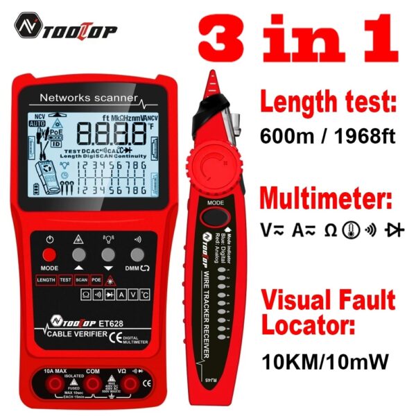 TOOLTOP Network Cable Tester 10KM Visual Fault Locator Multimeter 3 in 1 LAN Length Measure Anti-noise Line Tracker POE Test