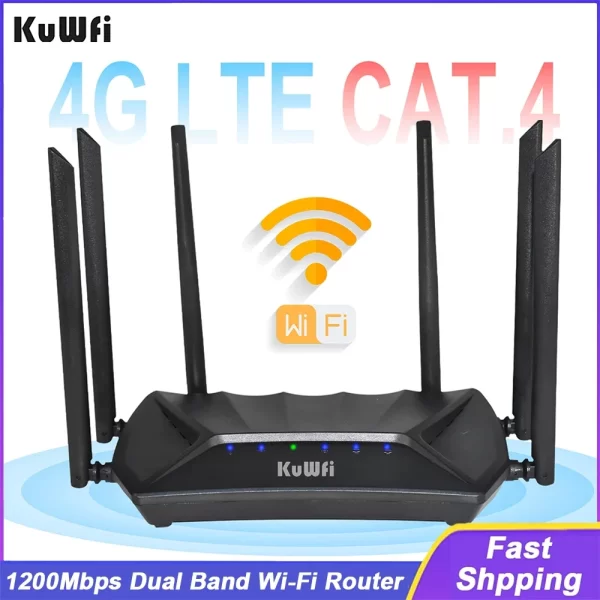 KuWFi 4G LTE Router 1200Mbps 2.4G 5G Dual Band Wireless Wi-Fi Router CAT4 150Mbps 4G Router with Gigabit WAN LAN Port Antennas