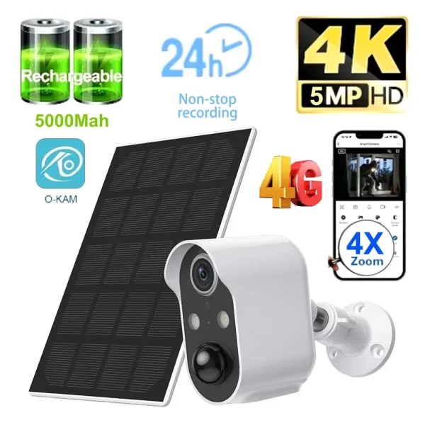 Solar Wifi Camera Outdoor 4G 5MP Video AI Human Detection Two Way Audio Surveillance Security CCTV IP Cameras with Solar Panel