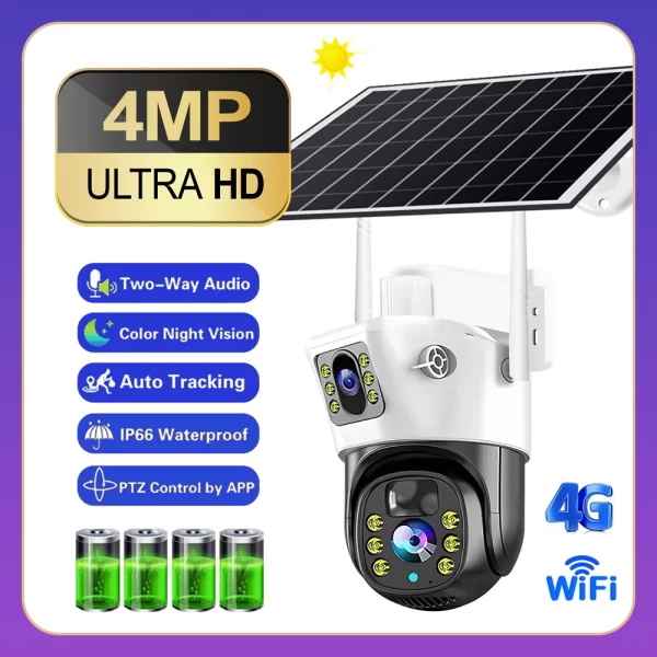 WiFi 4G SIM Card Solar Camera 4K HD Outdoor Night Vision IP CCTV Surveillance IP66 Waterproof PIR Humanoid Detection 2 Way Audio